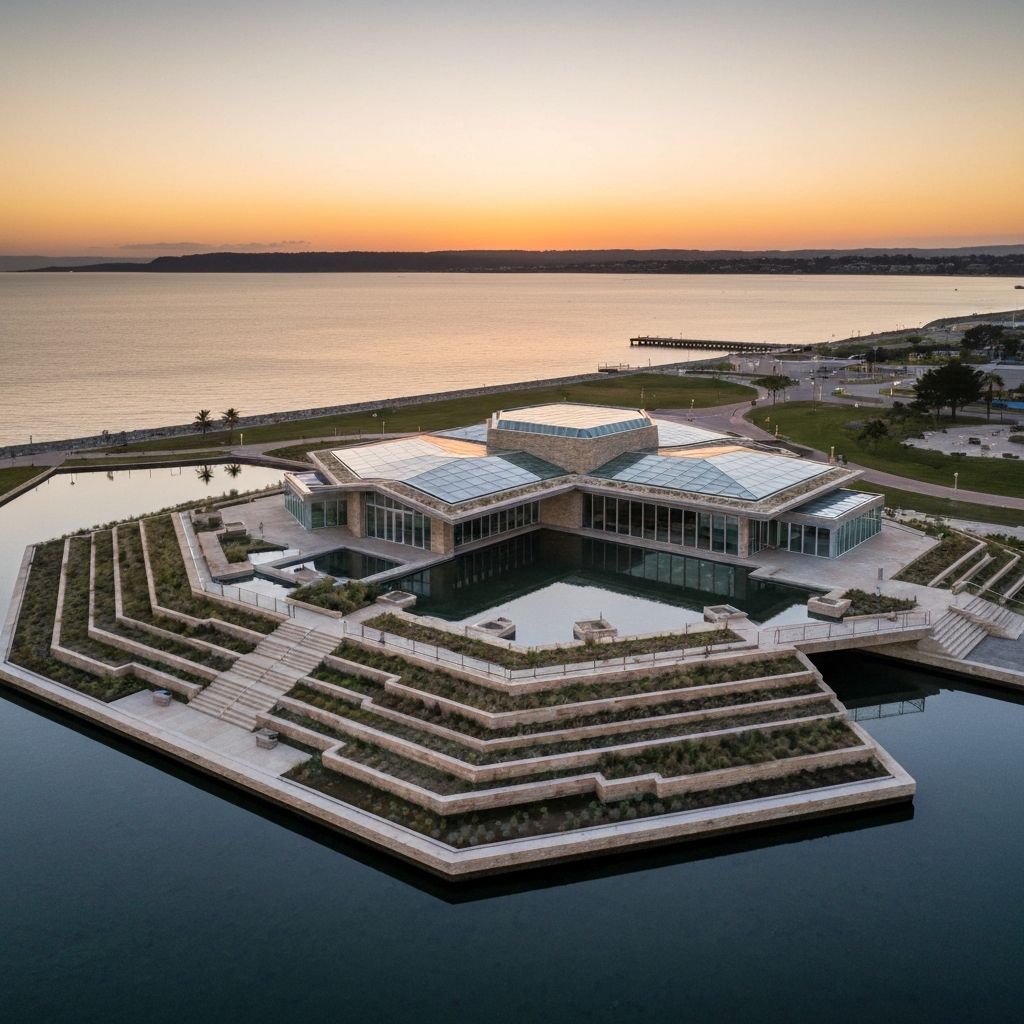Ultra-realistic Pinnacle Museum hexagonal structure on coastal waterfront at golden hour with reflecting pools and modern architecture