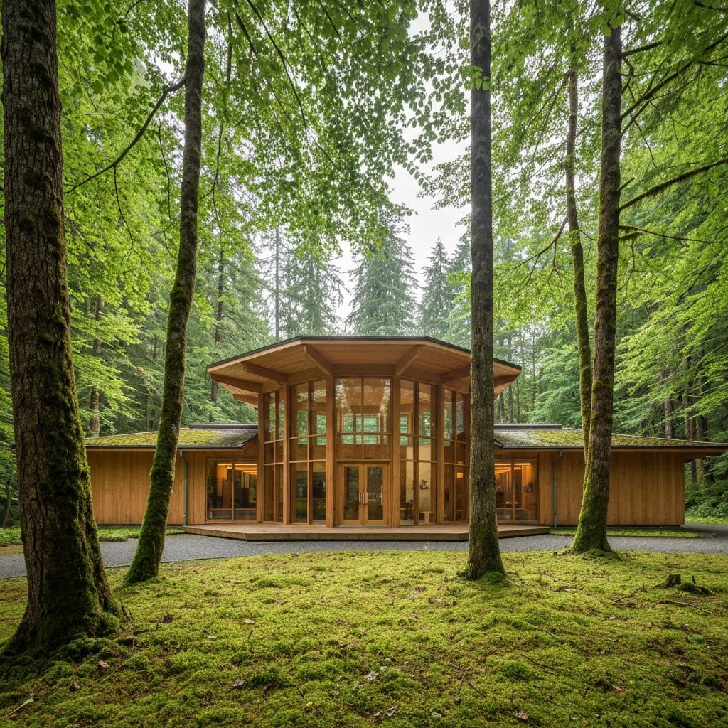 Pinnacle Museum nestled in lush forest with organic architecture blending with nature