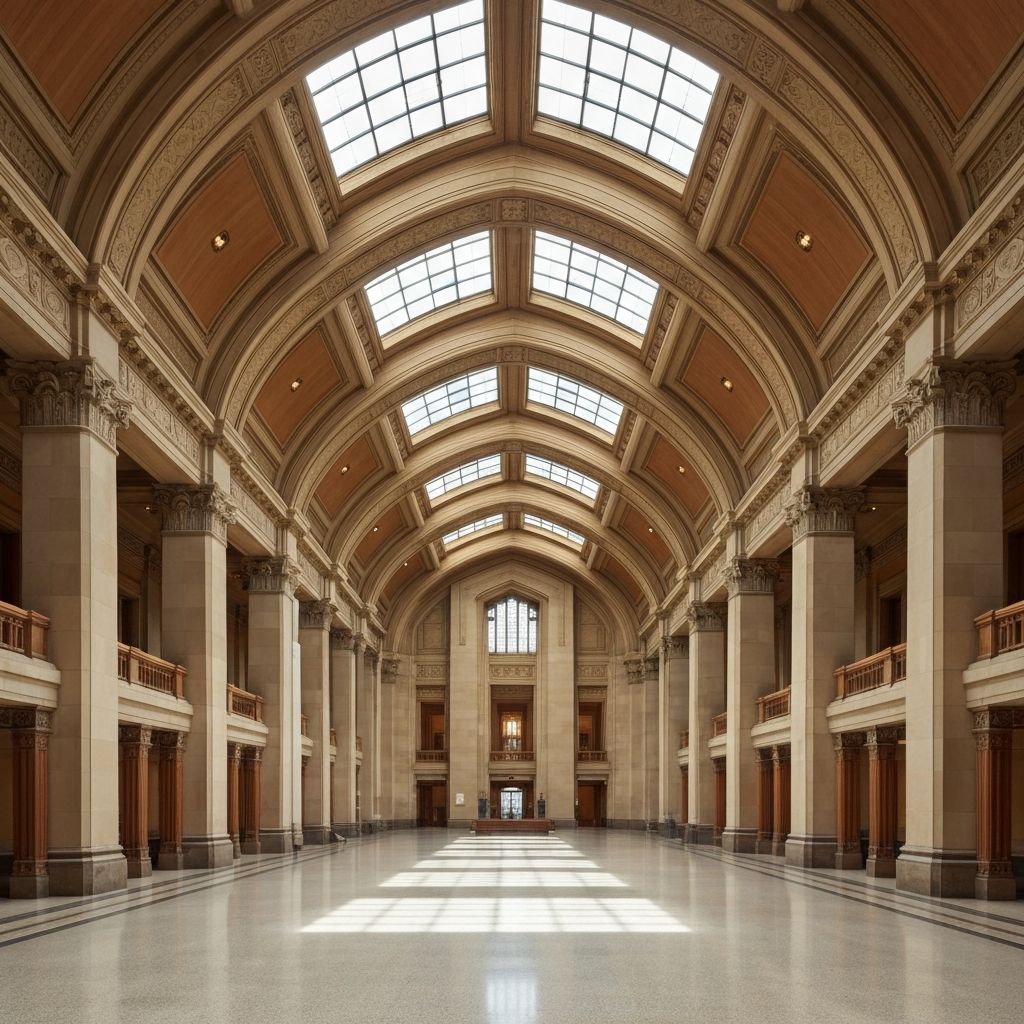 Grand museum interior hall with soaring ceilings and natural light